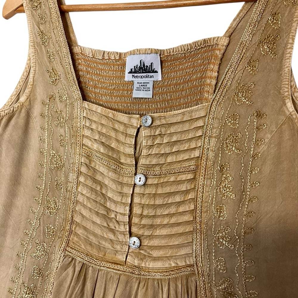 VINTAGE sz Large Sleeveless Blouse Tone on Tone Square Neckline FairyCore Tan - Picture 3 of 6